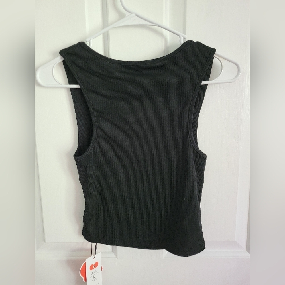 NWT CIDER 2 Solid Black White Ruched Square Neck Crop Top Size Medium - Picture 2 of 8